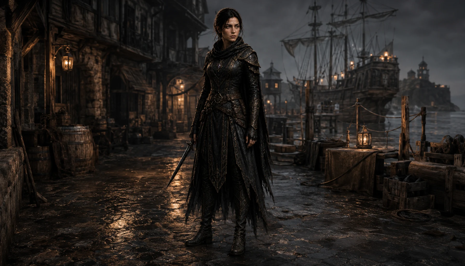 Full-body image of Aya Montford standing on a lantern-lit 1700s harbour dock, wearing dark ornate combat clothing with sailing ships and old waterfront buildings in the background.