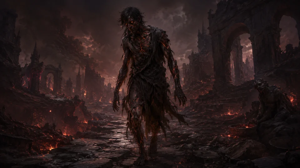 A gaunt corrupted humanoid with ember-lit cracks in its skin, torn clothing and glowing eyes, shambling through an infernal ruin as a common Tempted Wanderer enemy.