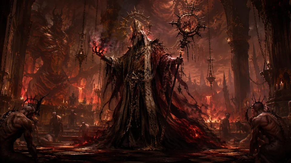 A corrupted fanatic in ritual armor with glowing eyes, infernal markings and a ceremonial weapon, standing as a Tempted Devotee in a hellish shrine.