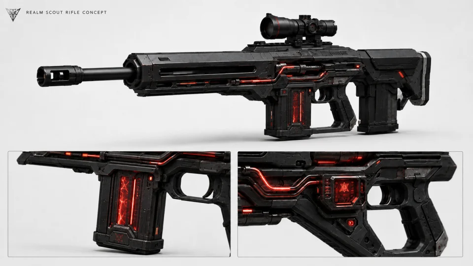 A detailed dark-metal Scout Rifle prototype with a mounted optic, rugged modular construction and bronze accents, displayed in a dim workshop for Mythic Earth gunplay and weapon-mechanics testing.