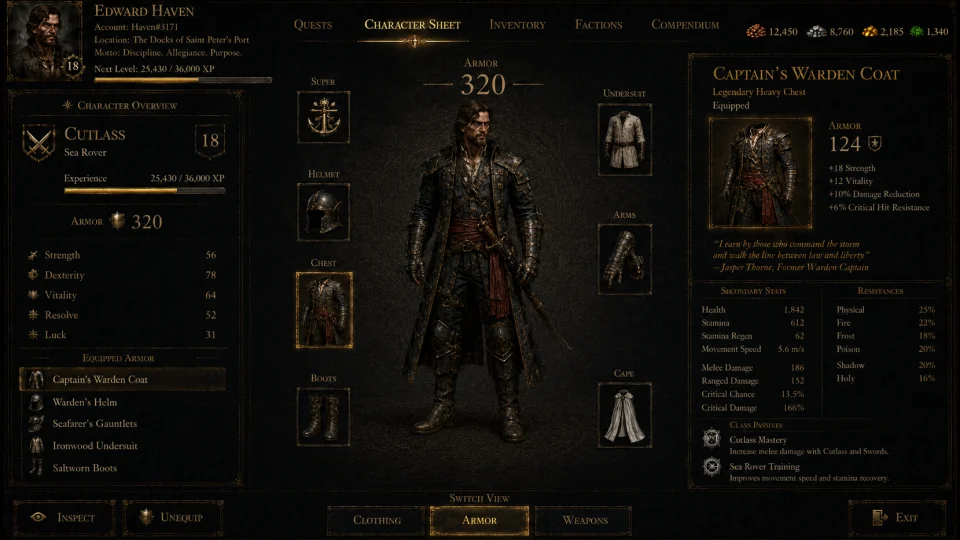 Mythic Earth Character Sheet Armor view showing the player character with Helmet, Chest, Arms, Boots and Undersuit equipment slots.