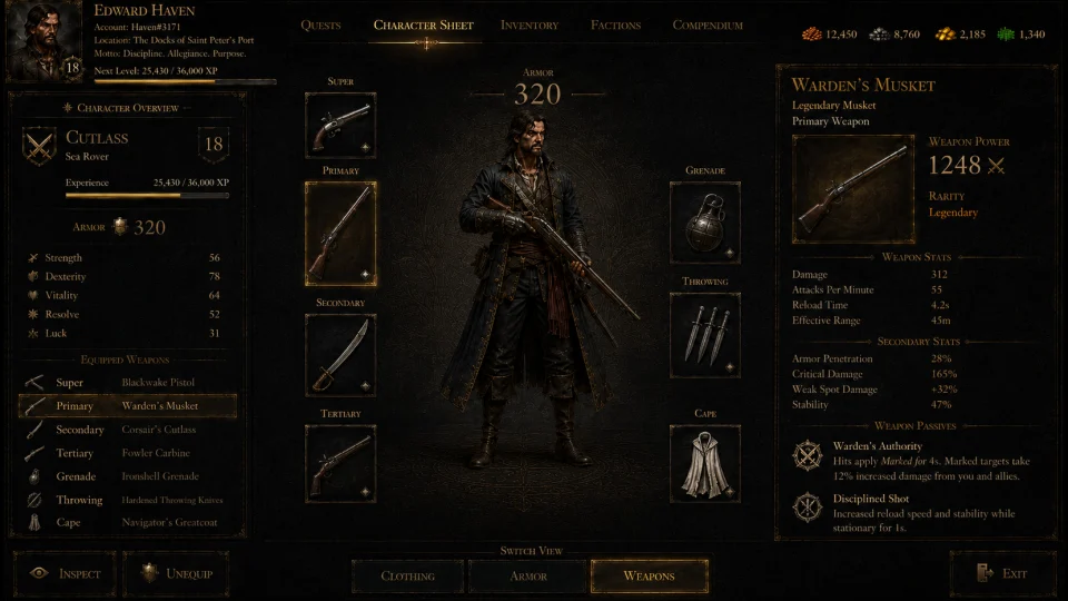 Mythic Earth Character Sheet Weapons view showing the player character with Primary, Secondary, Tertiary, Grenade and Throwing weapon slots.