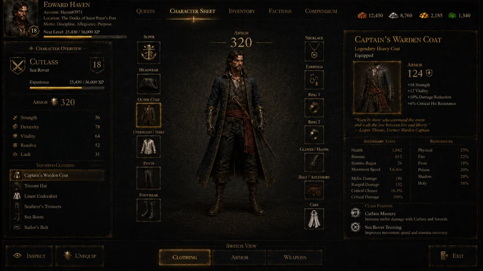 Mythic Earth Character Sheet Clothing view showing the player character surrounded by clothing, jewellery and accessory equipment slots.