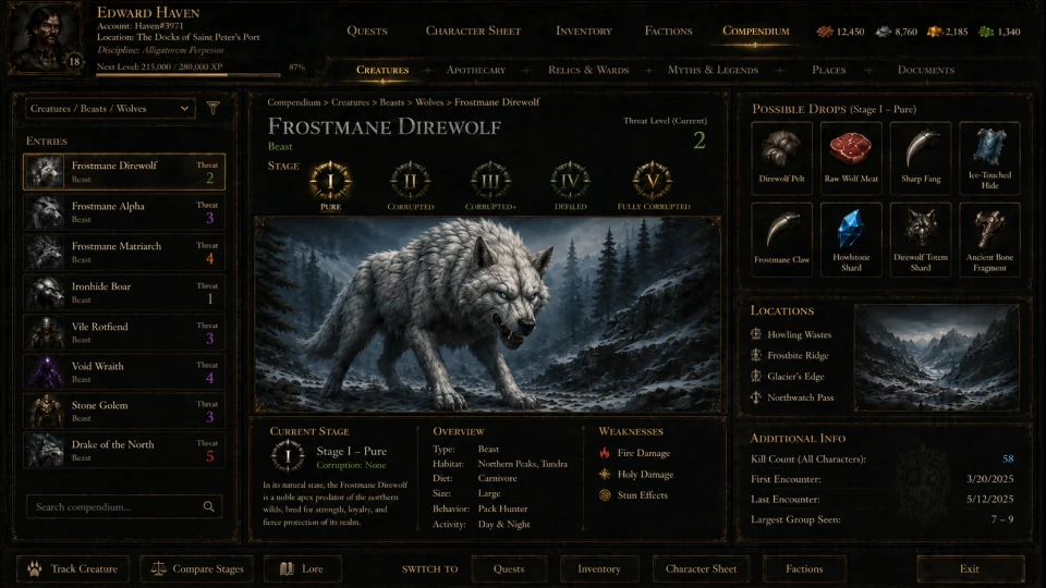 Mythic Earth Compendium showing a selected creature entry with creature artwork, discovery information and a list of recorded entries.