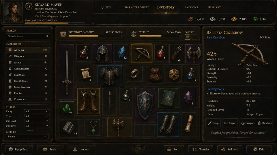 Mythic Earth Inventory Screen displaying carried items, equipment categories and detailed item information within a structured game interface.