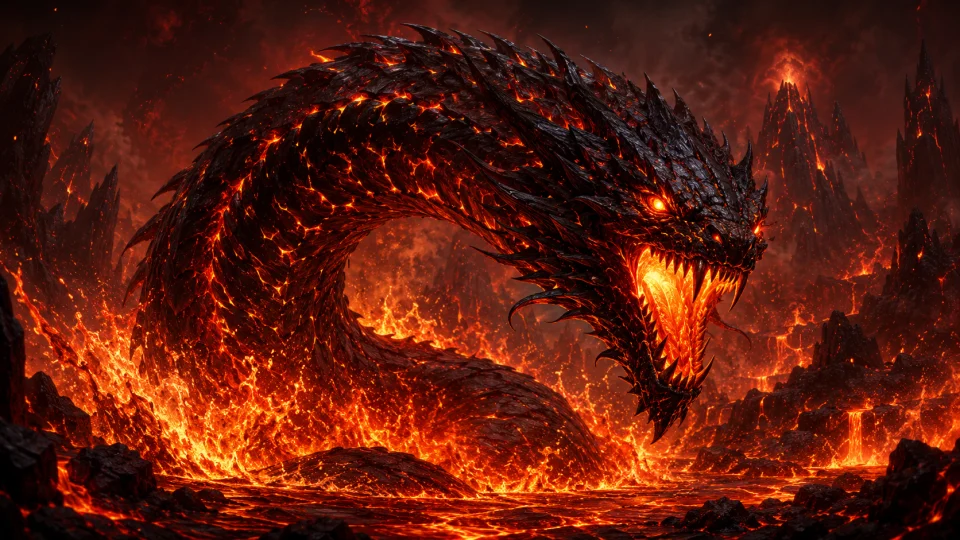 A long obsidian-scaled lava serpent with glowing molten seams breaching from a river of fire, depicted as an Emberwyrm predator in Infernum Layer 1.