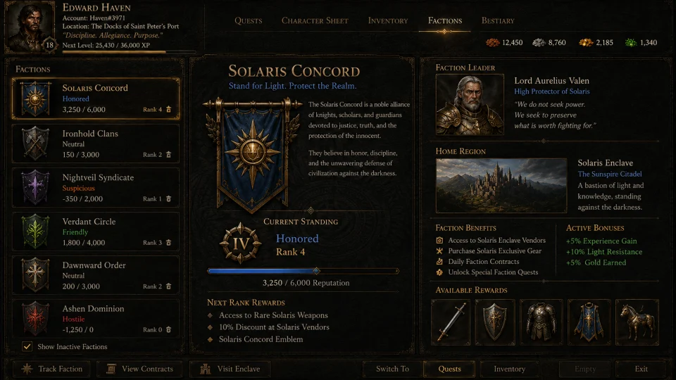 Mythic Earth Factions Screen showing faction selection, reputation standing, rank progression, faction leadership, home region and rewards.
