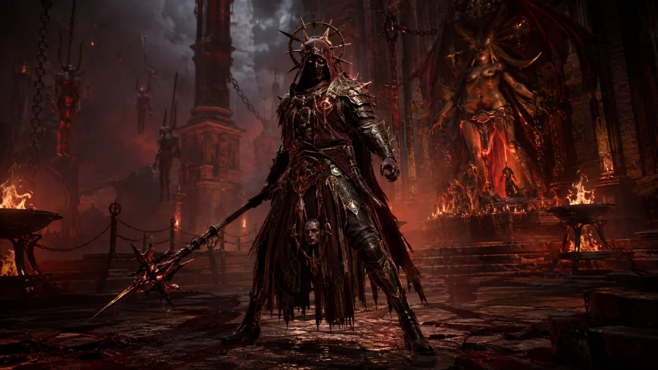 A tall robed corrupted preacher holding a ritual staff, surrounded by ember particles and infernal glow, serving as a Tempted Herald support enemy.