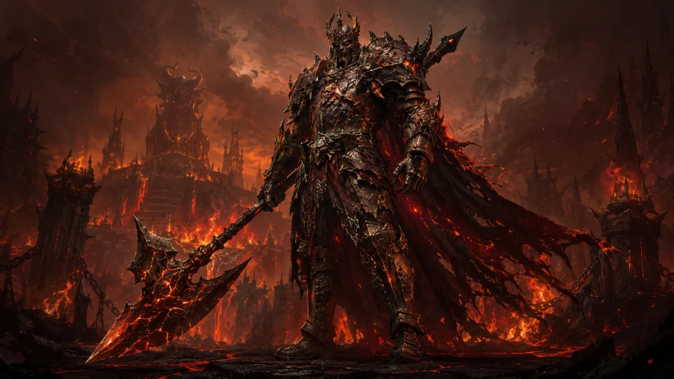A towering fallen warrior in heavy infernal armor with a glowing corrupted weapon, standing as a Tempted Champion in a volcanic stronghold.